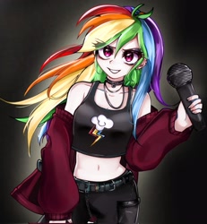 Size: 1889x2048 | Tagged: safe, alternate version, artist:pulse, imported from derpibooru, rainbow dash, human, equestria girls, bare shoulders, belly button, belt, black background, black eyeshadow, choker, clothes, cutie mark, cutie mark on clothes, ear piercing, eye clipping through hair, eyebrows, eyebrows visible through hair, eyeshadow, female, grin, human coloration, humanized, looking at you, makeup, microphone, midriff, off shoulder, piercing, punk, rainbow punk, simple background, smiling, solo
