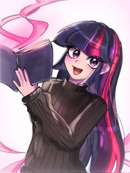 Size: 1536x2048 | Tagged: safe, artist:pulse, imported from derpibooru, twilight sparkle, human, book, clothes, cute, eye clipping through hair, humanized, open mouth, simple background, smiling, sweater, turtleneck, turtleneck sweater, twiabetes, white background