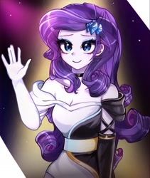 Size: 1580x1872 | Tagged: safe, artist:pulse, imported from derpibooru, rarity, human, equestria girls, abstract background, bare shoulders, breasts, choker, cleavage, clothes, cute, dress, female, looking at you, raribetes, smiling, solo, strapless, strapless dress, waving