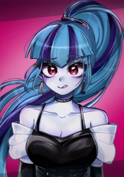 Size: 1320x1880 | Tagged: safe, artist:pulse, imported from derpibooru, sonata dusk, human, equestria girls, bare shoulders, breasts, busty sonata dusk, choker, cleavage, clothes, cute, dress, ear piercing, earring, female, jewelry, licking, licking lips, looking at you, piercing, pink background, ponytail, simple background, smiling, solo, sonatabetes, tongue out