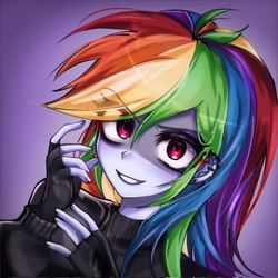 Size: 2048x2048 | Tagged: safe, artist:pulse, imported from derpibooru, rainbow dash, human, equestria girls, bust, clothes, eyebrows, eyebrows visible through hair, female, fingerless gloves, gloves, grin, looking at you, piercing, portrait, purple background, simple background, smiling, solo, sweater, turtleneck