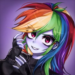 Size: 2048x2048 | Tagged: safe, alternate version, artist:pulse, imported from derpibooru, rainbow dash, human, equestria girls, bust, clothes, eyebrows, eyebrows visible through hair, female, fingerless gloves, gloves, grin, looking at you, piercing, portrait, purple background, simple background, smiling, solo, sweater, turtleneck