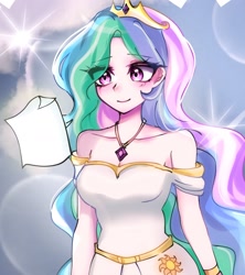 Size: 1713x1931 | Tagged: safe, artist:pulse, imported from derpibooru, princess celestia, human, bare shoulders, breasts, cleavage, clothes, cute, cutelestia, dress, eyebrows, eyebrows visible through hair, female, humanized, jewelry, lens flare, necklace, paper, smiling, solo, strapless, strapless dress, tiara