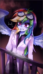 Size: 1280x2159 | Tagged: safe, artist:pulse, imported from derpibooru, rainbow dash, human, fanfic:rainbow factory, equestria girls, clothes, eyebrows, eyebrows visible through hair, fanfic art, female, goggles, goggles on head, gritted teeth, huh, humanized, lab coat, railing, solo, spread wings, teeth, winged humanization, wings
