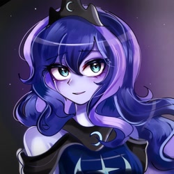 Size: 1280x1280 | Tagged: safe, artist:pulse, imported from derpibooru, princess luna, human, bare shoulders, bust, cute, eyebrows, eyebrows visible through hair, female, humanized, jewelry, looking at you, lunabetes, smiling, solo, tiara