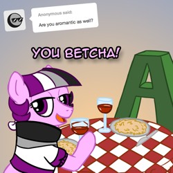Size: 800x800 | Tagged: safe, artist:thedragenda, imported from derpibooru, oc, oc:ace, earth pony, pony, a, ask-acepony, female, hay, mare, pun, solo, visual pun