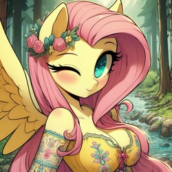 Size: 1024x1024 | Tagged: safe, imported from derpibooru, fluttershy, anthro, pegasus, ai content, ai generated, big breasts, blushing, breasts, busty fluttershy, clothes, dress, flower, flower in hair, forest, generator:dall-e 3, looking at you, nature, one eye closed, prompter:glimmy-glam, river, solo, stream, tree, water, wink