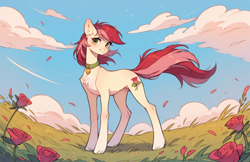 Size: 2352x1520 | Tagged: safe, imported from derpibooru, roseluck, pony, ai content, ai generated, collar, concave belly, cute, flower, fluffy, generator:pony diffusion v6 xl, generator:stable diffusion, looking at you, pet tag, pony pet, prompter:doom9454, rose, rosepet, slender, standing, tail, thin, windswept mane, windswept tail