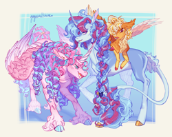Size: 2500x1986 | Tagged: safe, artist:yuyusunshine, imported from derpibooru, princess flurry heart, princess skyla, oc, oc:caelus citrine, classical unicorn, pegasus, pony, unicorn, blushing, braid, braided ponytail, cloven hooves, colored hooves, colored pinnae, colored wings, colored wingtips, colt, concave belly, curly mane, curly tail, ear fluff, ear piercing, earring, foal, frown, horn, jewelry, leaning, leonine tail, long mane, long tail, looking at someone, male, multicolored wings, narrowed eyes, next generation, offspring, older, older flurry heart, open mouth, open smile, parent:princess cadance, parent:shining armor, parents:shiningcadance, partially open wings, piercing, ponytail, raised hoof, ringlets, shiny hooves, shiny mane, shiny tail, siblings, smiling, sparkly mane, sparkly tail, spread wings, standing, tail, tail fluff, thin, tied mane, tied tail, trio, two toned mane, two toned tail, two toned wings, unshorn fetlocks, wall of tags, wing fluff, wingding eyes, wings