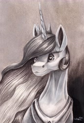 Size: 4369x6358 | Tagged: safe, artist:cahandariella, imported from derpibooru, princess celestia, alicorn, pony, bust, cute, female, long mane, mare, mixed media, monochrome, pencil drawing, peytral, portrait, solo, sternocleidomastoid, thin, traditional art
