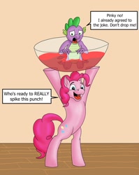 Size: 986x1238 | Tagged: safe, artist:termyotter, imported from derpibooru, pinkie pie, spike, dragon, earth pony, pony, atg 2023, bipedal, carrying, dialogue, drink, duo, duo male and female, excited, female, imminent spikeabuse, male, mare, misspelling, newbie artist training grounds, open mouth, open smile, partially submerged, pun, punch (drink), punch bowl, smiling, speech bubble, spiked punch, this will end in tears, worried