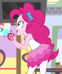 Size: 736x880 | Tagged: safe, imported from derpibooru, screencap, pinkie pie, human, equestria girls, blurry background, clothes, depth of field, female, holding, jewelry, looking up, mini party cannon, necklace, open mouth, party cannon, skirt, slender, solo, tanktop, thin