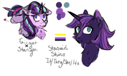 Size: 765x458 | Tagged: safe, artist:fluffytailponies, imported from derpibooru, starlight glimmer, twilight sparkle, oc, alicorn, pony, unicorn, female, horn, lesbian, magical lesbian spawn, mare, markings, nonbinary, nonbinary pride flag, offspring, parent:starlight glimmer, parent:twilight sparkle, parents:twistarlight, pride, pride flag, pronouns, s5 starlight, shipping, twistarlight