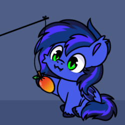 Size: 600x600 | Tagged: safe, artist:sugar morning, imported from derpibooru, oc, oc:guard cobalt flash, bat pony, animated, bat pony oc, bat wings, behaving like a cat, cat toy, commission, cute, food, mango, playing, wings, ych result
