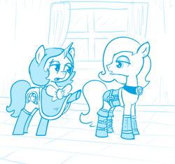 Size: 640x600 | Tagged: safe, artist:ficficponyfic, imported from derpibooru, oc, oc only, oc:joyride, oc:sunshine sea, earth pony, pony, unicorn, colt quest, bluescale, boots, bowtie, clothes, complex background, corset, cyoa, duo, earth pony oc, eyeshadow, female, horn, indoors, jewelry, leather, leather boots, leggings, looking back, makeup, mantle, mare, monochrome, necklace, pleading, raised hoof, shoes, story included, unicorn oc, window