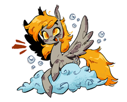 Size: 1350x1080 | Tagged: safe, artist:batzy-artz, imported from derpibooru, derpy hooves, pegasus, pony, bubble, cloud, cute, derpabetes, emanata, eyebrows, eyebrows visible through hair, female, lying down, lying on a cloud, mare, on a cloud, open mouth, open smile, prone, simple background, smiling, solo, spread wings, white background, wings