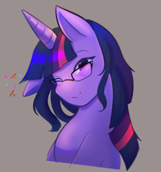 Size: 1096x1172 | Tagged: safe, artist:asikku, imported from derpibooru, twilight sparkle, unicorn, bust, female, glasses, gray background, horn, looking at you, mare, one eye closed, portrait, simple background, solo, wink, winking at you