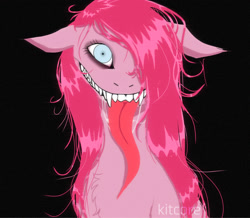 Size: 2048x1783 | Tagged: safe, artist:chortzykit, imported from derpibooru, pinkie pie, earth pony, pony, black background, cupcakes (futret), futret, long tongue, looking at you, pinkamena diane pie, simple background, smiling, smiling at you, solo, song art, staring into your soul, tongue out