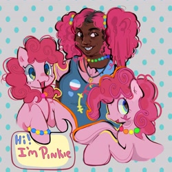 Size: 4096x4096 | Tagged: safe, artist:colorwurm, imported from derpibooru, pinkie pie, earth pony, human, pony, :3, absurd resolution, bracelet, braces, brown eyes, chubby, clothes, curly hair, curly mane, dark skin, dyed hair, emanata, female, human ponidox, humanized, jewelry, kandi, mare, necklace, open mouth, open smile, overalls, patterned background, pigtails, pink coat, pink hair, pins, raised hooves, self paradox, self ponidox, smiling, speech bubble, text, tied hair, two toned eyes, wingding eyes