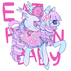 Size: 850x850 | Tagged: safe, artist:cutesykill, imported from derpibooru, oc, oc only, unnamed oc, pegasus, pony, beanbrows, big ears, blue sclera, bow, clothes, colored eyebrows, curly mane, curly tail, dress, eye clipping through hair, eyebrows, female, flower, flower on ear, flying, frilly dress, hair bow, mare, multicolored mane, multicolored tail, pegasus oc, pink bow, pink text, profile, purple eyes, raised hoof, ringlets, simple background, slit pupils, smiling, solo, spread wings, tail, text, thick eyelashes, white background, white coat, wings