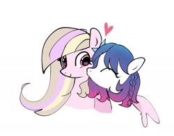 Size: 2048x1609 | Tagged: safe, artist:petaltwinkle, imported from derpibooru, oc, oc only, oc:petal twinkle, pegasus, pony, blonde mane, braid, cheek kiss, couple, duo, duo female, female, floating heart, gradient mane, heart, hug, kissing, lesbian, long mane, looking at someone, mare, multicolored mane, oc name needed, oc x oc, pegasus oc, pink coat, pink eyes, shipping, simple background, smiling, spread wings, white background, white coat, wingding eyes, winghug, wings