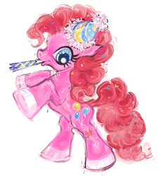 Size: 1384x1518 | Tagged: safe, artist:eyerealm, imported from derpibooru, pinkie pie, earth pony, pony, big eyes, blue eyes, colored hooves, confetti in mane, confetti in tail, curly mane, curly tail, female, hair accessory, hat, long mane, long tail, looking down, mare, party hat, party horn, pink coat, pink mane, pink tail, profile, rearing, shiny hooves, simple background, smiling, tail, tail accessory, white background, wingding eyes