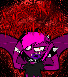 Size: 1340x1502 | Tagged: safe, artist:xxv4mp_g4z3rxx, imported from derpibooru, oc, oc only, oc:violet valium, bat pony, pony, bat pony oc, bat wings, clothes, collar, ear piercing, emo, evil laugh, fangs, forked tongue, hoodie, hospital band, laughing, piercing, red eyes, scar, solo, spiked collar, spiked wristband, spread wings, torn clothes, tourniquet, two toned mane, wings, wristband