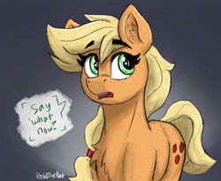 Size: 2538x2085 | Tagged: safe, artist:reddthebat, imported from derpibooru, applejack, earth pony, pony, bust, chest fluff, dialogue, ear fluff, eyebrows, eyebrows visible through hair, female, hatless, high res, looking up, mare, missing accessory, open mouth, signature, solo, speech bubble
