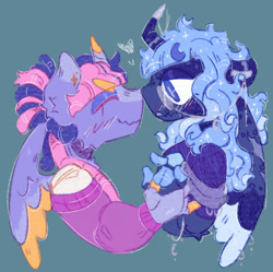 Size: 1397x1390 | Tagged: safe, artist:tottallytoby, imported from derpibooru, princess luna, twilight sparkle, alicorn, anthro, pony, alternate design, alternate hair color, alternate hairstyle, arm fluff, big eyes, blaze (coat marking), blue coat, blue eyes, blue mane, blush scribble, blushing, clothes, coat markings, colored eartips, colored eyebrows, colored horn, colored pinnae, colored wings, colored wingtips, crooked horn, curly mane, dreadlocks, duo, duo female, ear fluff, ethereal mane, eye clipping through hair, eyebrows, eyebrows visible through hair, eyes closed, eyeshadow, facial markings, female, floating heart, floppy ears, green background, hair bun, heart, height difference, holding hands, hoof hands, horn, lesbian, lidded eyes, looking at each other, looking at someone, makeup, mare, multicolored wings, profile, purple coat, shipping, simple background, smiling, smiling at each other, sparkly mane, spread wings, starry mane, sweater, teal background, tied mane, twilight sparkle (alicorn), twiluna, two toned mane, wing scar, wings