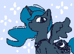 Size: 355x261 | Tagged: safe, artist:gh0stmist, imported from derpibooru, princess luna, alicorn, pony, animated, blue background, blue coat, blue mane, blue tail, empty eyes, female, frame by frame, gif, long mane, looking at you, mare, missing accessory, no catchlights, peytral, profile, simple background, solo, sparkles, spread wings, squigglevision, tail, wavy mane, wavy tail, wide eyes, wigglypaint, wings