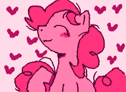 Size: 355x261 | Tagged: safe, artist:gh0stmist, imported from derpibooru, part of a set, pinkie pie, earth pony, pony, :3, animated, blushing, curly mane, curly tail, cute, diapinkes, female, floating heart, frame by frame, gif, heart, limited palette, long mane, mare, pink background, pink coat, pink mane, pink tail, profile, raised hoof, simple background, smiling, solo, squigglevision, tail, wigglypaint