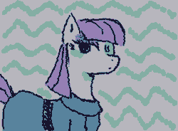 Size: 355x261 | Tagged: safe, artist:gh0stmist, imported from derpibooru, part of a set, maud pie, earth pony, pony, animated, clothes, dress, eyeshadow, female, frame by frame, gif, gray coat, lidded eyes, limited palette, looking at you, makeup, mare, patterned background, purple mane, purple tail, solo, squigglevision, straight mane, tail, wigglypaint