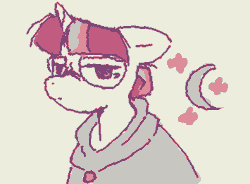 Size: 355x261 | Tagged: safe, artist:gh0stmist, imported from derpibooru, part of a set, moondancer, pony, unicorn, alternate hairstyle, animated, cloak, clothes, cream background, empty eyes, female, floppy ears, frame by frame, frown, gif, glasses, hair bun, horn, lidded eyes, limited palette, mare, multicolored mane, narrowed eyes, no catchlights, round glasses, short mane, simple background, solo, squigglevision, tied mane, wigglypaint