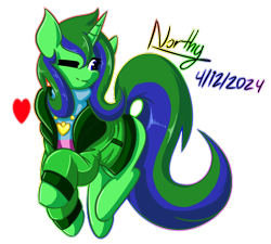 Size: 3000x2700 | Tagged: safe, artist:northern wind, imported from derpibooru, oc, oc only, oc:northern wind, pony, unicorn, blue eyes, clothes, cute, digital art, eyelashes, female, green mane, green tail, happy, heart, heart necklace, horn, jacket, jewelry, krita, looking at you, mare, necklace, one eye closed, shirt, signature, simple background, smiling, smiling at you, solo, t-shirt, tail, transparent background, two toned mane, two toned tail, wink, winking at you