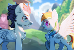 Size: 1680x1140 | Tagged: safe, artist:celedash, imported from derpibooru, rainbow dash, soarin', pegasus, blushing, female, looking at each other, looking at someone, male, mare, ponyville, shipping, soarindash, stallion, straight