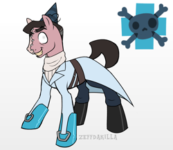 Size: 1150x1000 | Tagged: safe, artist:zeffdakilla, derpibooru exclusive, imported from derpibooru, oc, oc only, oc:rudolph, earth pony, pony, belt, blind eye, boots, buckle, clothes, coat, cutie mark, evil grin, gloves, gradient background, grin, hat, lab coat, medic, pants, party hat, ponified, reference sheet, shoes, smiling, solo, standing, stitches, sweater, team fortress 2, turtleneck