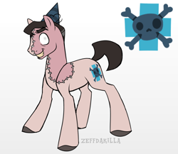 Size: 1150x1000 | Tagged: safe, artist:zeffdakilla, derpibooru exclusive, imported from derpibooru, oc, oc only, oc:rudolph, earth pony, pony, cutie mark, evil grin, gradient background, grin, hat, hooves, medic, party hat, ponified, reference sheet, smiling, solo, standing, stitches, team fortress 2