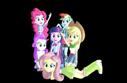 Size: 700x460 | Tagged: safe, imported from derpibooru, applejack, fluttershy, pinkie pie, rainbow dash, rarity, sci-twi, twilight sparkle, human, equestria girls, 3d, black background, female, humane five, humane six, mane six opening poses, mmd, simple background, waving, waving at you