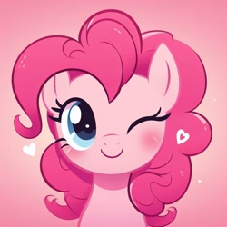 Size: 1024x1024 | Tagged: safe, imported from derpibooru, pinkie pie, ai content, ai generated, cute, female, generator:dall-e 3, heart, mare, one eye closed, pink background, prompter:doomguy397, simple background, smiling, wink