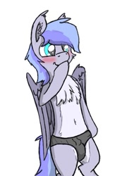 Size: 489x681 | Tagged: safe, artist:pzkratzer, imported from derpibooru, oc, oc:discoordination, semi-anthro, aggie.io, belly button, bipedal, blushing, clothes, crotch bulge, male, solo, speedo, swimsuit, underwear