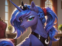 Size: 1080x800 | Tagged: prompter needed, source needed, safe, imported from derpibooru, princess luna, alicorn, ai content, ai generated, annoyed, blushing, frown, generator:pony diffusion v6 xl, generator:stable diffusion, hair tie, hairband, lacrimal caruncle, looking at you, sternocleidomastoid, sunlight, window