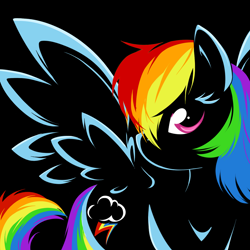 Size: 1040x1040 | Tagged: safe, artist:bamboodog, imported from derpibooru, rainbow dash, pegasus, pony, black background, cutie mark, female, lineart, mare, simple background, solo, spread wings, wings