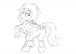 Size: 1553x1110 | Tagged: safe, artist:nageruamado, imported from derpibooru, oc, oc only, earth pony, pony, armor, blushing, butt, lidded eyes, looking back, pixiv, plot, raised hoof, sketch, solo, wavy mouth