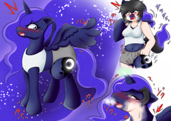 Size: 1518x1075 | Tagged: safe, artist:nageruamado, imported from derpibooru, princess luna, alicorn, pony, ahegao, blushing, clothes, female, furry to pony, human to pony, japanese, kemonomimi, mare, open mouth, spread wings, sweat, tongue out, transformation, wings