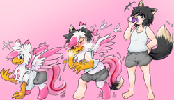 Size: 1470x855 | Tagged: safe, artist:nageruamado, imported from derpibooru, oc, oc only, oc:foxxy hooves, griffon, furry to griffon, gradient background, human to griffon, japanese reading order, kemonomimi, pixiv, transformation, transformation sequence