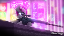 Size: 3840x2160 | Tagged: safe, artist:etheria galaxia, imported from derpibooru, oc, oc only, oc:bitwise operator, bat pony, cyber pony, cyborg, ear fluff, female, goggles, gun, mare, neon, neon sign, rain, rifle, scope, sniper rifle, watermark, weapon