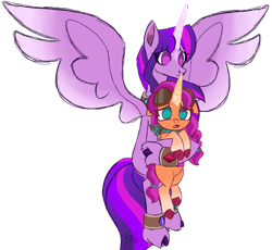 Size: 1280x1176 | Tagged: safe, artist:butterfly-mak, imported from derpibooru, sunny starscout, twilight sparkle, alicorn, pony, alternate universe, bandana, coat markings, duo, duo female, facial markings, female, g5, goggles, goggles on head, holding a pony, mare, no pupils, simple background, size difference, spread wings, star (coat marking), story included, sunny and her heroine, transparent background, twilight sparkle (alicorn), unshorn fetlocks, wings