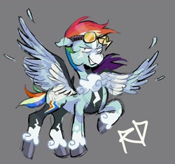 Size: 1094x1029 | Tagged: safe, artist:justvoidsdumbstuff1, imported from derpibooru, rainbow dash, pegasus, pony, alternate color palette, alternate design, blaze (coat marking), blue coat, coat markings, colored hooves, colored muzzle, colored sketch, colored wings, colored wingtips, eyelashes, facial markings, feather, female, floppy ears, goggles, goggles on head, gray background, looking at you, mare, multicolored hair, multicolored mane, multicolored tail, multicolored wings, narrowed eyes, rainbow hair, rainbow tail, raised hoof, redesign, shiny hooves, short hair rainbow dash, short mane, short tail, shrunken pupils, simple background, sketch, smiling, smiling at you, socks (coat markings), solo, spread wings, standing, tail, text, unshorn fetlocks, wings