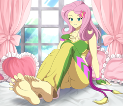 Size: 2069x1781 | Tagged: safe, artist:folk-dude-philip, imported from derpibooru, fluttershy, human, equestria girls, barefoot, bed, breasts, busty fluttershy, cleavage, commission, feet, female, foot focus, pillow, solo, window, ych result