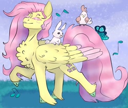 Size: 1900x1600 | Tagged: safe, artist:cluterdrop, imported from derpibooru, fluttershy, bird, butterfly, chicken, pegasus, pony, rabbit, animal, chest fluff, cloven hooves, colored wings, colored wingtips, cute, eyes closed, female, hen, mare, music notes, pink eyelashes, shyabetes, smiling, solo, strutting, unshorn fetlocks, wings